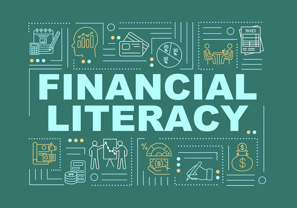 Financial literacy word concepts banner. Graphics, chart, compound interest. Infographics with linear icons on green background. Isolated typography. Vector outline RGB color illustration